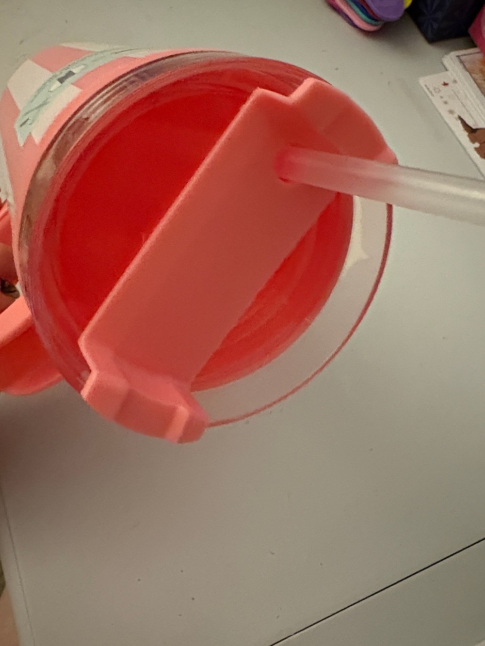 Striped Pink and White Travel Tumbler with Handle and Straw - Picture 3 of 4